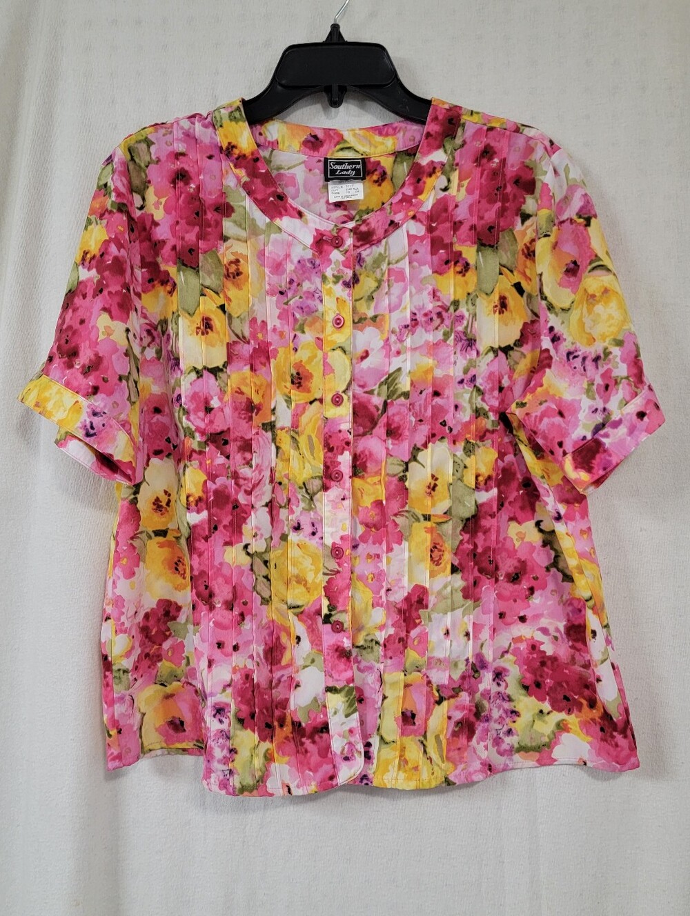 Southern Lady Pink and Yellow Floral Button-Down Blouse